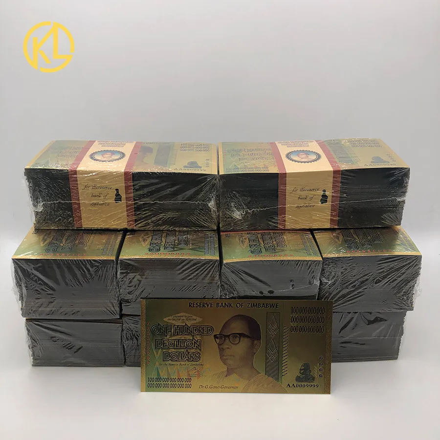 

1000 шт., новые продукты о Зимбабве, сто дециллионов, золотые банкноты в 24-каратном золоте с металлическим покрытием из чистого золота 99.9% пробы