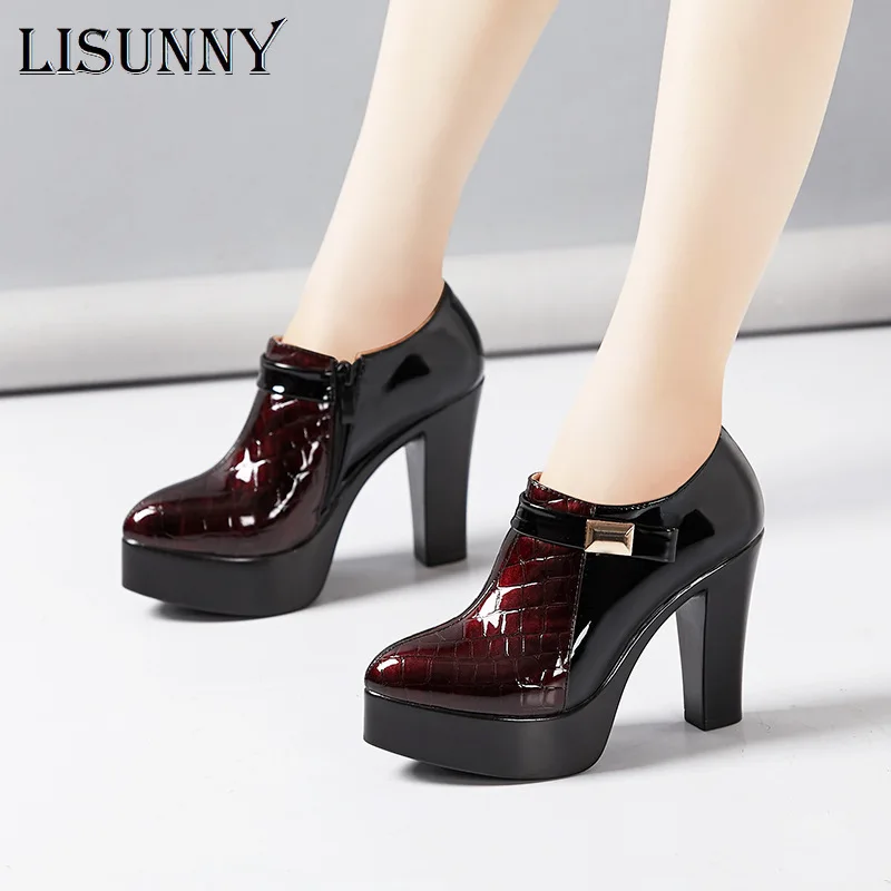 

LISUNNY Block Heel Deep Mouth Platform Pumps Leather Women Shoes 2021 High Heels Shoes Ladies Office Party Shoe Plus Size 33-43
