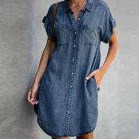 short sleeve women denim shirt dresses solid color lapel v neck ladies clothing summer dress loose button knee length dresses
