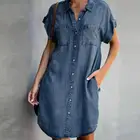 Женское джинсовое платье-рубашка с коротким рукавом, однотонное платье с отложным воротником и V-образным вырезом, летнее платье, свободные платья до колена на пуговицах