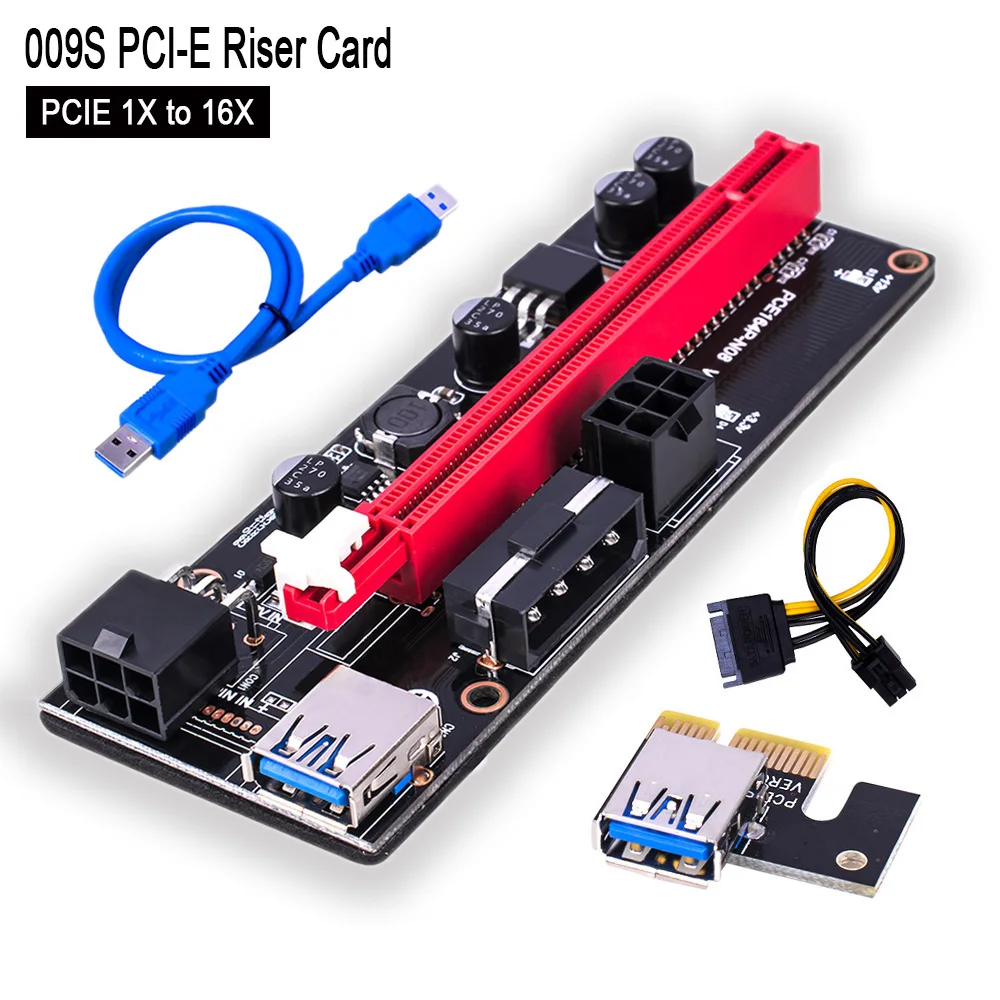 

1PCS VER009S PCI-E Riser Card Dual 6Pin Adapter Card PCIe 1X to 16X Extender Card USB 3.0 Data Cable for BTC Mining Miner