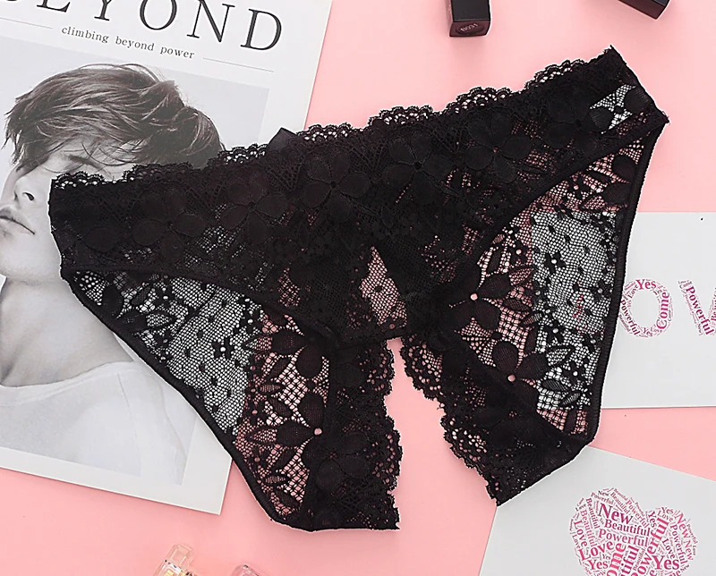 Sexy Lace Hollow Panties Tempting Women Briefs Opening Crotch Low Waist Female Underwear Transparent Sexy Cute Bow Panty