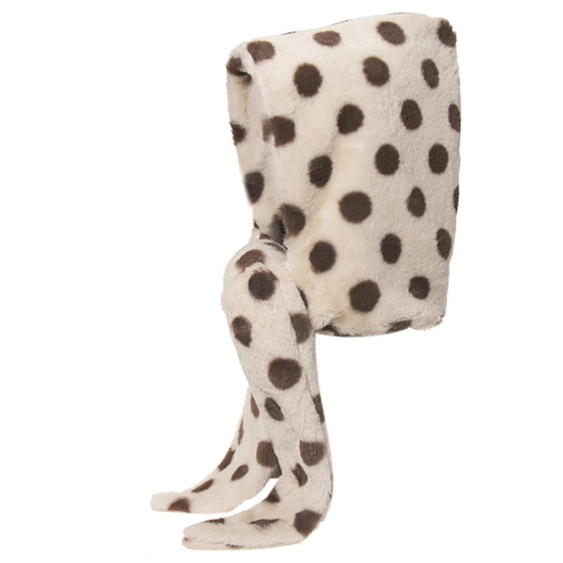 

Winter 2 In 1 Fluffy Plush Warm Hooded Long Scarf Hat Animal Print Earflap Cap M5TE