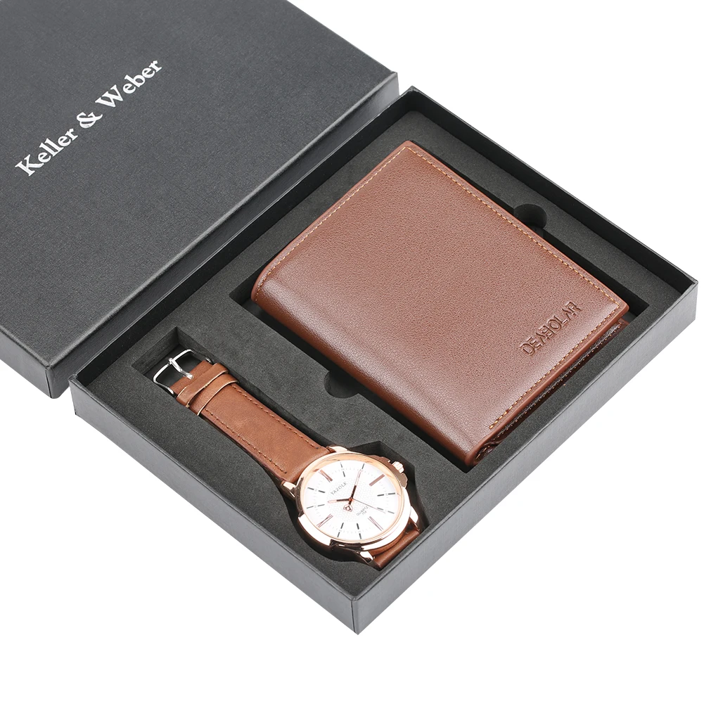 

Business Men Watch Wallet Set Quartz Roman Numerals Dial Clock Brown Leather Strap Pin Buckle Men's Purse Gift Box for Boyfriend
