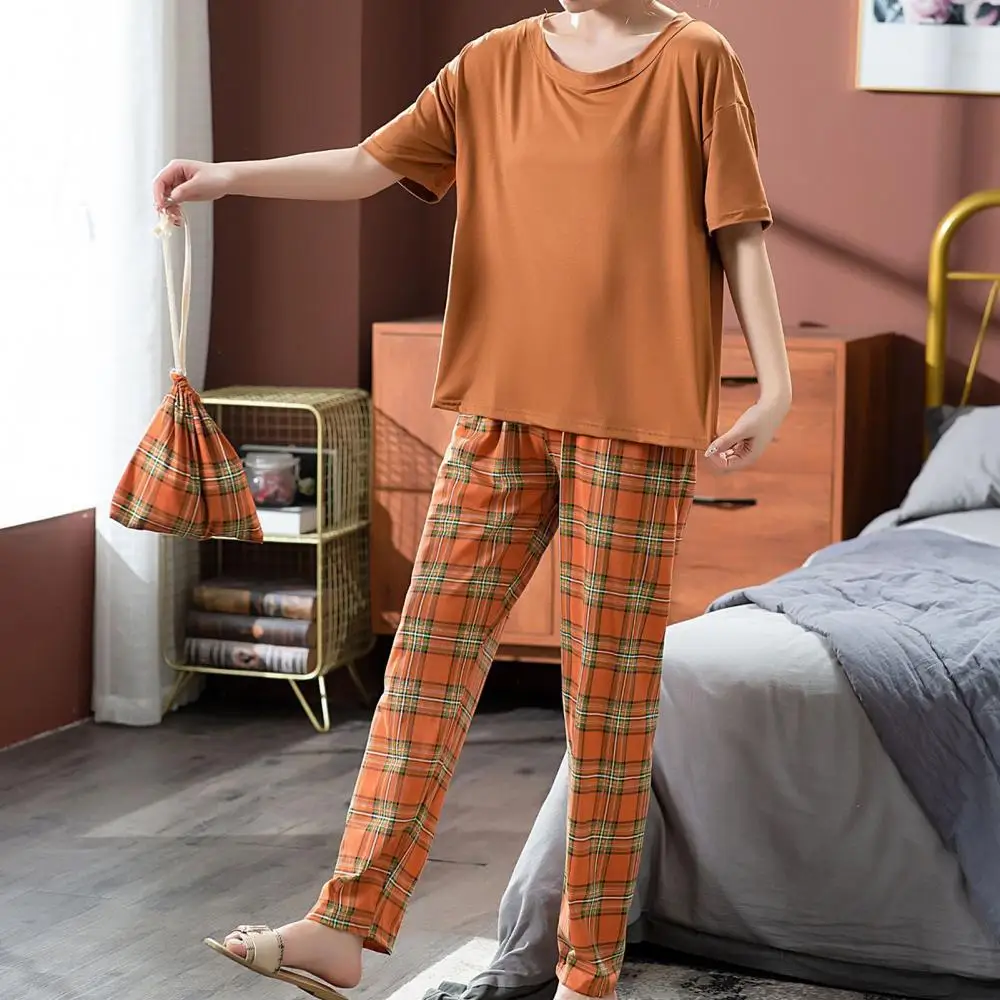 

Women Short Sleeve O Neck T-shirt Blouse Plaid Pants Loose Pajamas Sleepwear Set