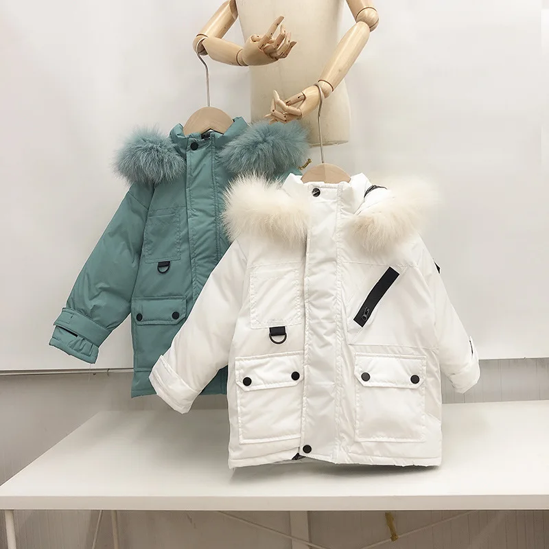 

New Korean style winter warm down thick jacket outwear with fur hooded for girls and boys
