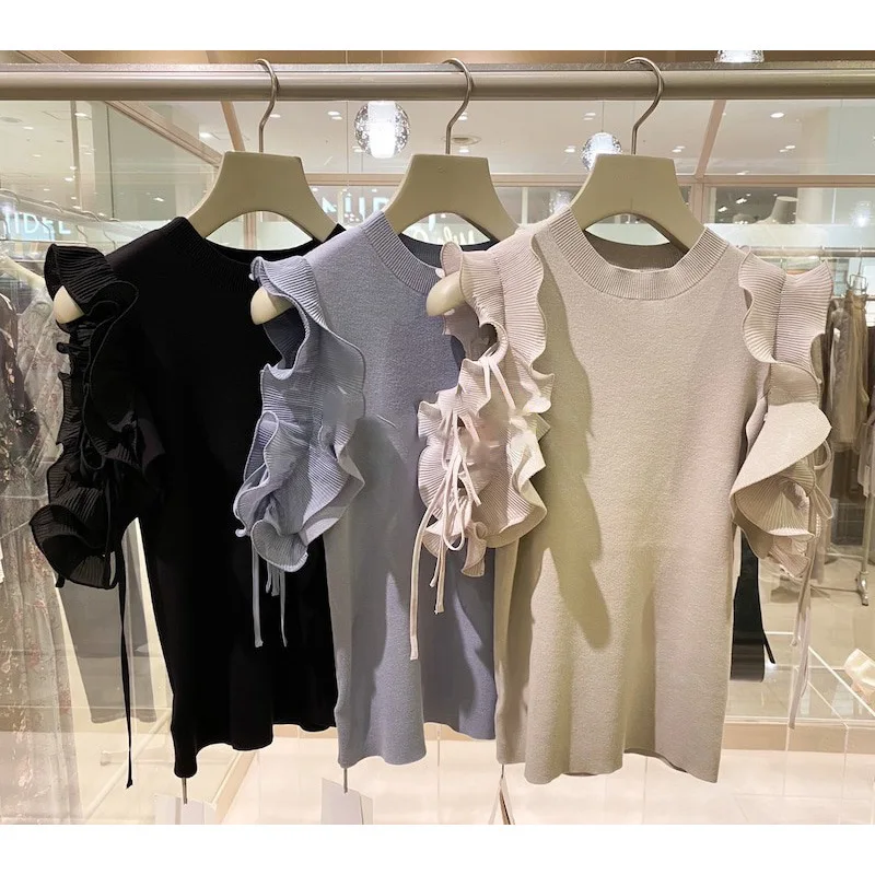 

Женская блузка с оборками SHZQ Neploe, элегантная пикантная блузка без бретелек, с круглым вырезом и коротким рукавом, Офисная Однотонная рубашк...