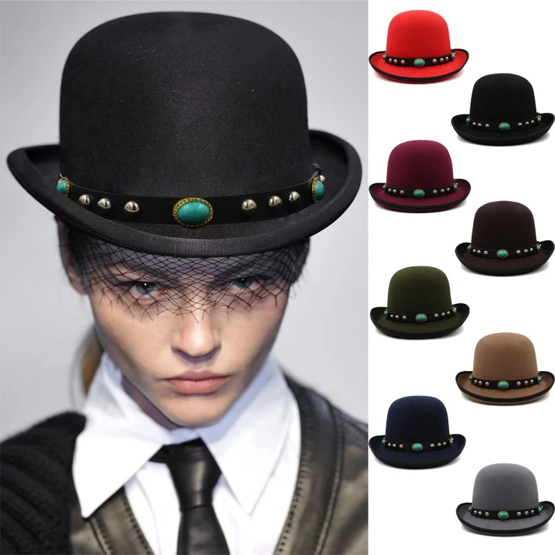 

Men Women Oval Top Classical Wool Bowler Hat Roll Rim Derby Cap Sunhat Party Street Style Adjustable Size US 7 1/8-7 3/8 UK M-L