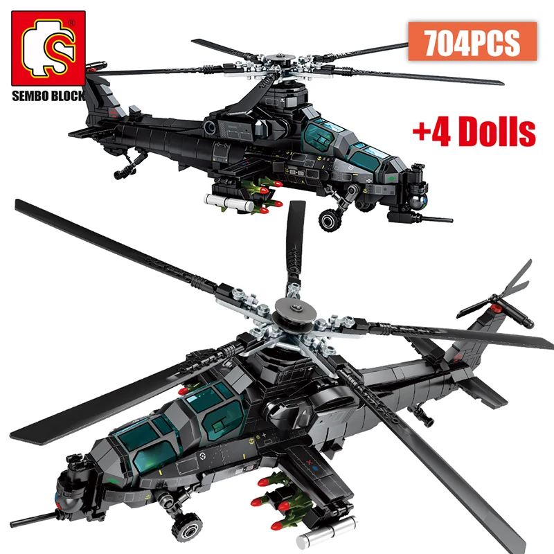 

704PCS City Police WW2 Z-10 Combat Helicopter Model Building Blocks Military Technical Aircraft Bricks Toys For Children