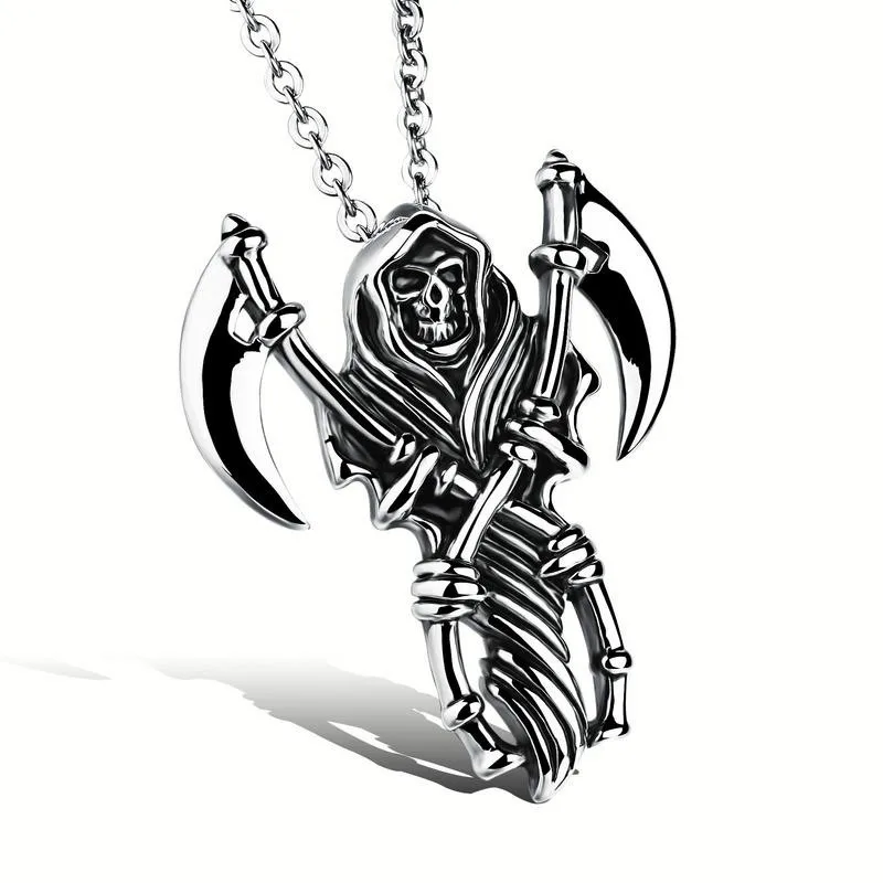 Мужская мода ювелирные изделия черный череп death scythe голова кулон Длинная цепочка