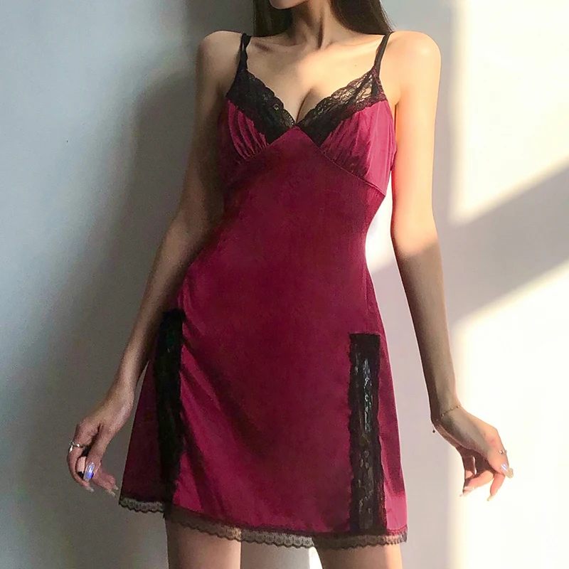 HEYounGIRL лоскутное кружево скольжения атласное Сексуальное Женское Платье с
