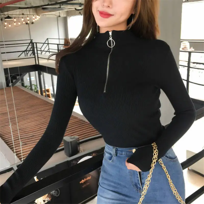 Casual Zipper Sweater Women Turtleneck Solid spring autumn female Knitted sweater Pullovers long Sleeve chic Soft Jumper top | Женская