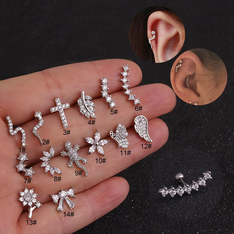 

1PC Snake Gecko Cross Star Wing Lear Flower Cz Cartilage Stud Earrings Helix Tragus Conch Screw Back Stud Ear Piercing Jewelry