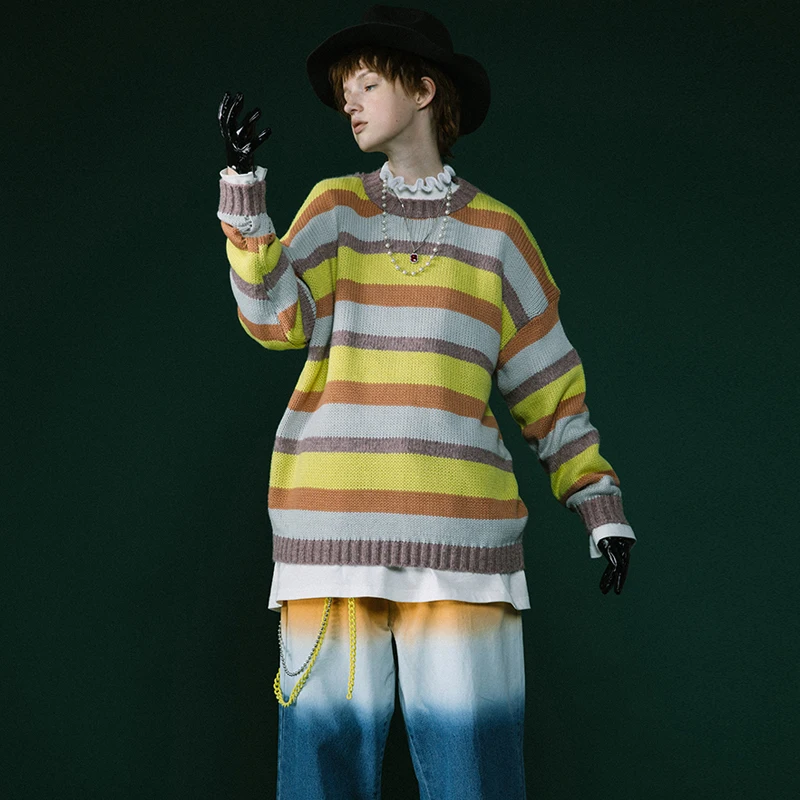 Многоцветный свободный длинный рукав полосатый вязаный женский свитер для зимы |