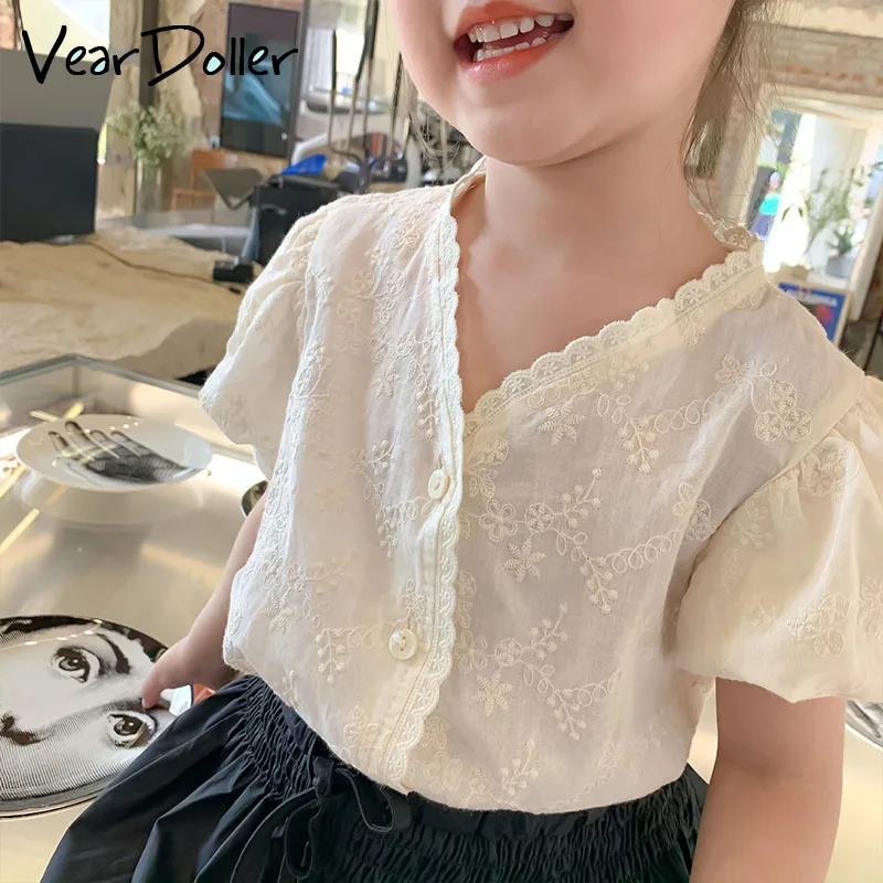 

VearDoller Girls Short Sleeve Top Summer New Fashion V-Neck Children's Clothing Cute Lace Shirt for 2-10Years Girls Blouses