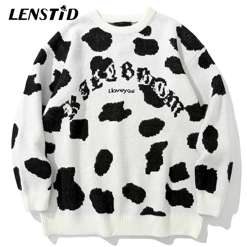 LENSTID Мужской трикотажный джемпер в стиле хип-хоп с принтом коровы жаккард уличная