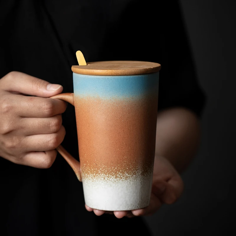 

Japanese 380ml Mug Ceramic Mug with Lid and Spoon Tea Cup Retro Home Coffee Cup Creative Personality Trend Couple Cup