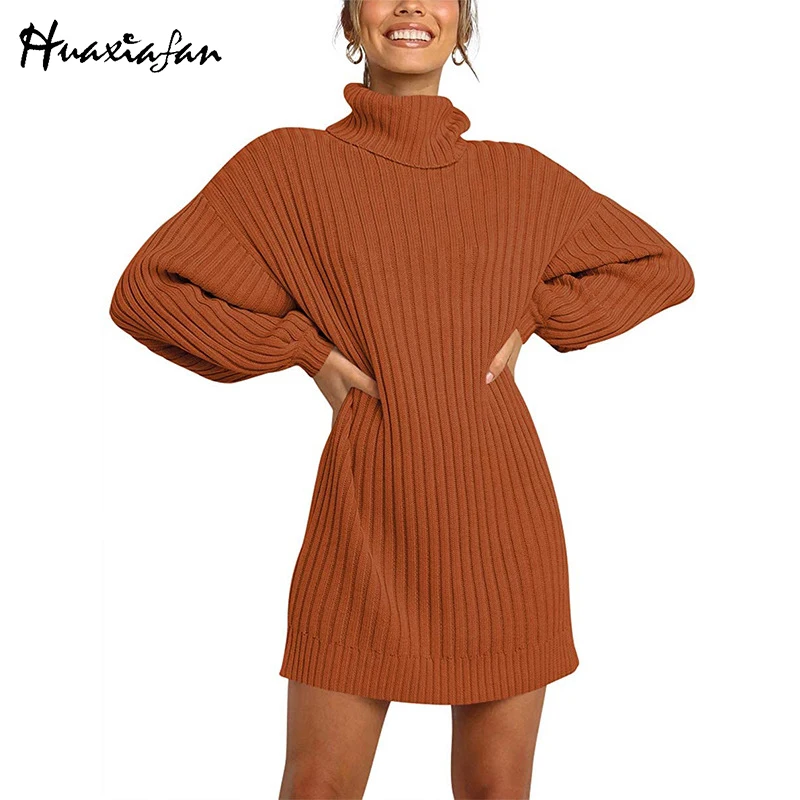 

Huaxiafan Fashion Woman Sweaters High Collar Knitted Dress Loose Straight Tube Dress Office Mini dress Pullover Women Autumn Top