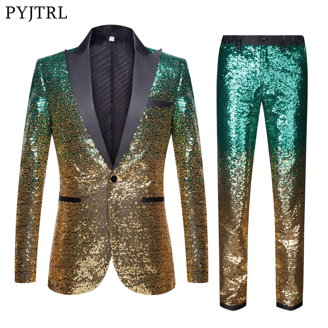 

PYJTRL Men Two Pics Stylish Gradual Change Suit Green Gold Sequins Blazer With Pants Jacket Party Wedding Singers Costume