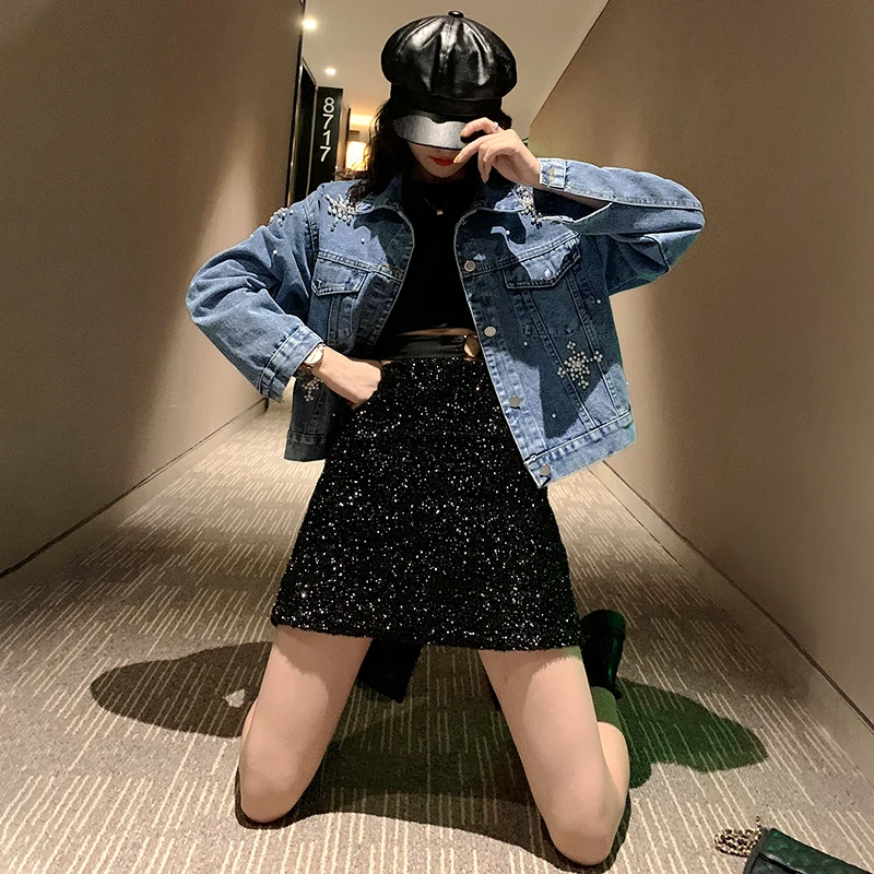 Pearl Beading Crop Short Denim Jackets Women White Wash Long Sleeve Vintage Casual Jean Jacket Bomber Coat Female Basic Ou |