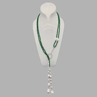 folisaunique 4mm green jade necklace for women cubic zirconia loop white gold filled beads stick baroque pearls lariat necklace