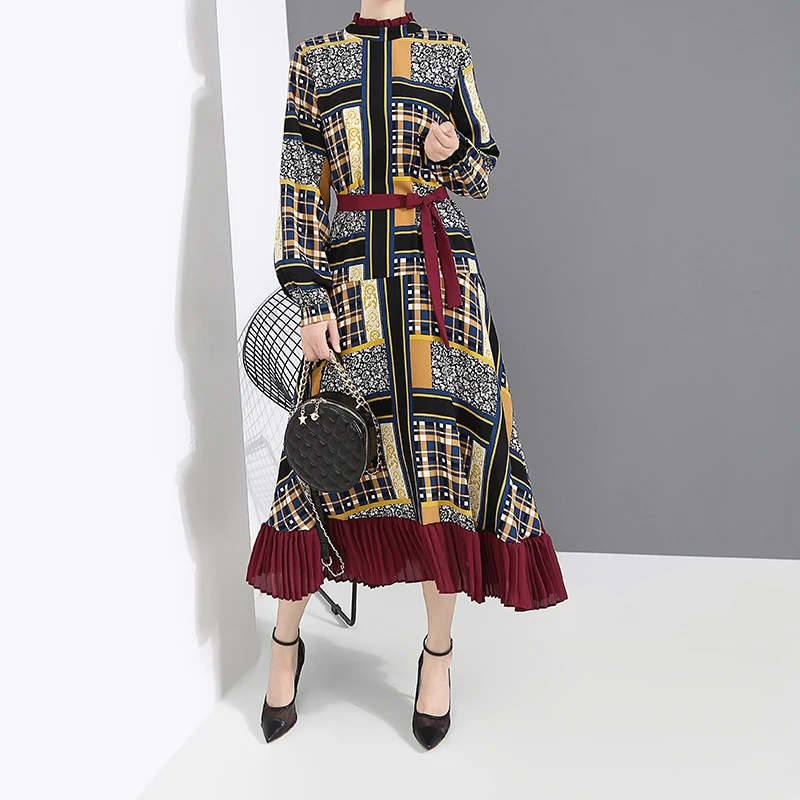 [EAM] Women Pattern Print Pleated Hit Color Dress New Stand Neck Long Sleeve Loose Fit Fashion Tide Spring Autumn 1A884