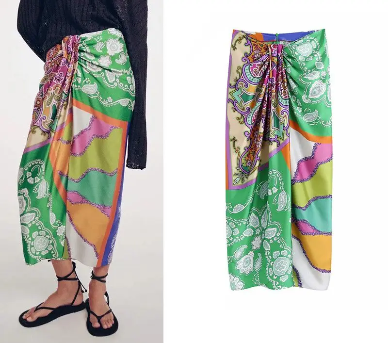 

2021 Women Skirts 2021 Za Summer Ruched Vintage Print Midi Long Skirt Woman Elegant High Waist Back Zipper Split Female Skirts