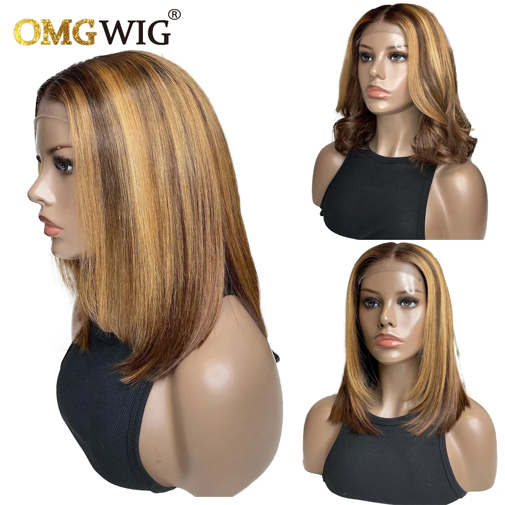 

Ombre Highlight Blonde Straight Indian Human Hair Wigs For Black Women Short Blunt Cut Bob Wigs 4x4 Lace Front Closure Wig Curly