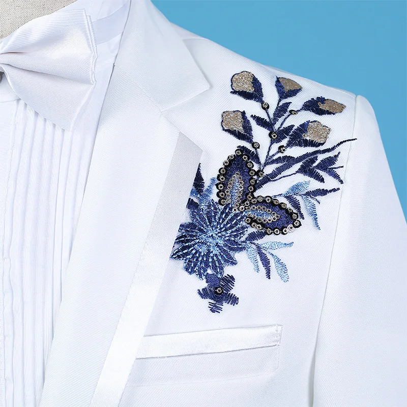

2020 Men New Style Sequin Stereo Set with Flower White Suit Slim Fit Host Singer Suit Two Pieces