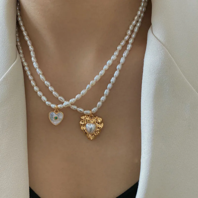 

Brass With 18K Gold Real Pearl Heart Pendant Necklace Women Jewelry Punk Party Designer Club Cocktail Ins Rare Japan Korea