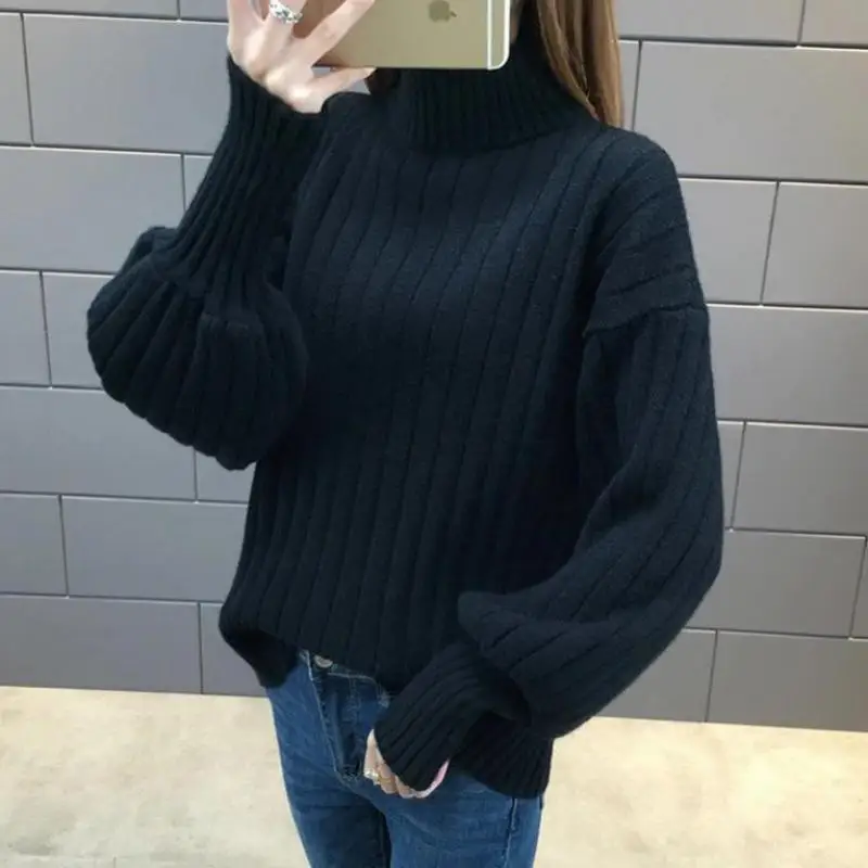 2019 Womens Sweaters Lantern Sleeve Lazy Wind Half High Neck Solid Color Knitted Bottom Casual Comfort Winter Oversized Sweater | Женская