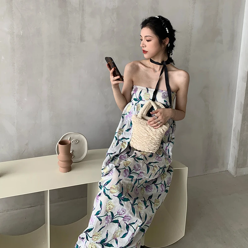 

GALCAUR Print Dress For Women Slash Neck Strapless High Waist Ankle Length Hit Color Dresses Female Fashion Clothing 2021 Summer