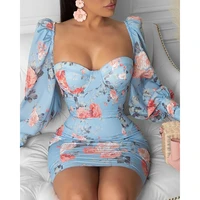 elegant fashion women slim fit leisure casual bodycon mini dress female puff sleeve floral bodycon party dress