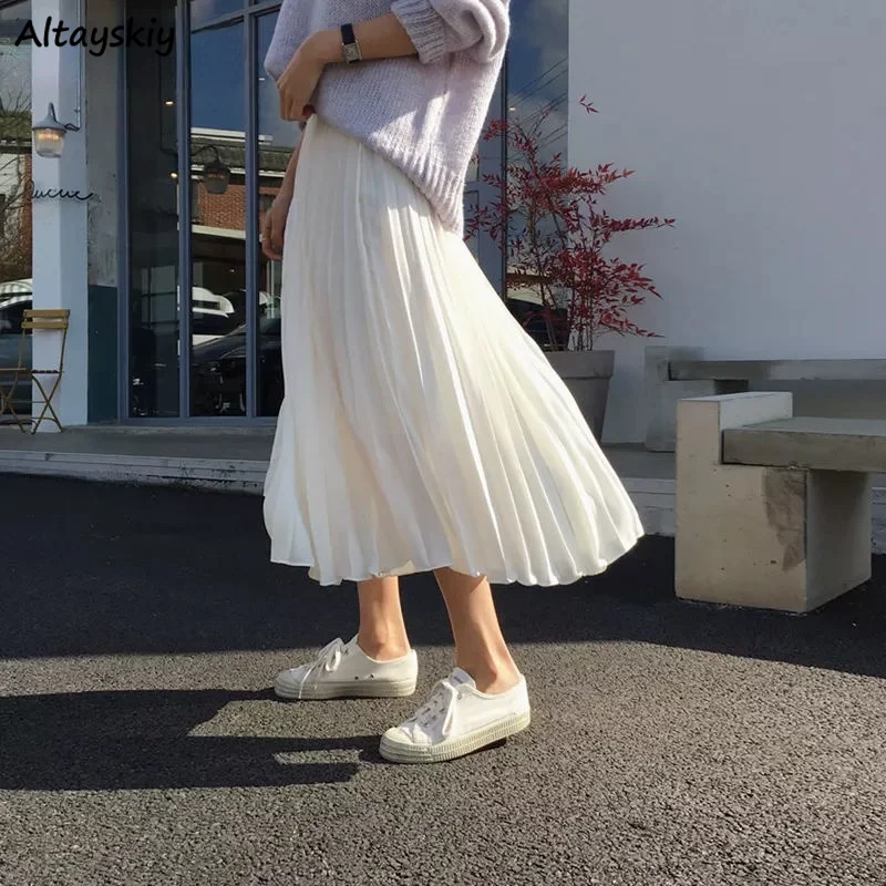 

Skirts Women Pleated Mid-calf Pure Color Elegant Tender Autumn High Waist New Arrive Hot All-match Girlish Korean Style Chic Ins