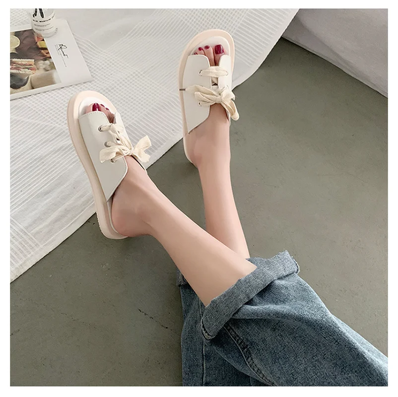 

Fashion New Slippers Casual Simple Shoe Upper Lace Design Trend Sweet Outdoor Open-toed Women's Slippers 2021
