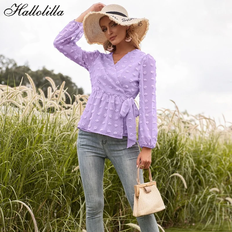 

Casual V-Neck Top Loose Elegant Lace Up Ladies Tops Tees Solid Shirts For Women Clothing Puff Long Sleeve T Shirt Woman Fashion