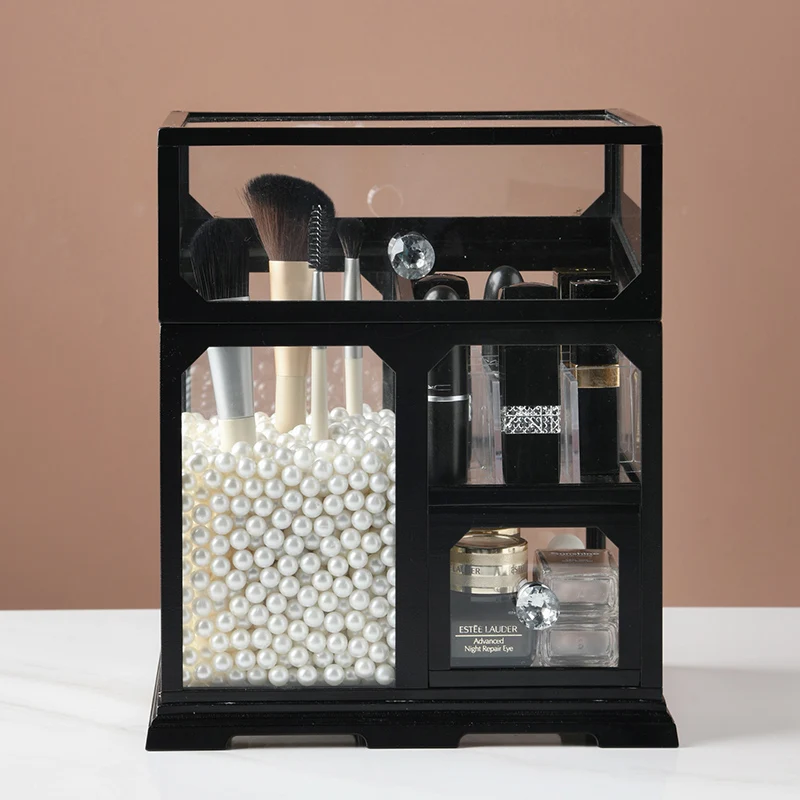 

Makeup Brush Holder Makeup Organizer Cosmetic Holder Lipstick Transparent Glass Storage Box With Diamond Handle Drawer Container