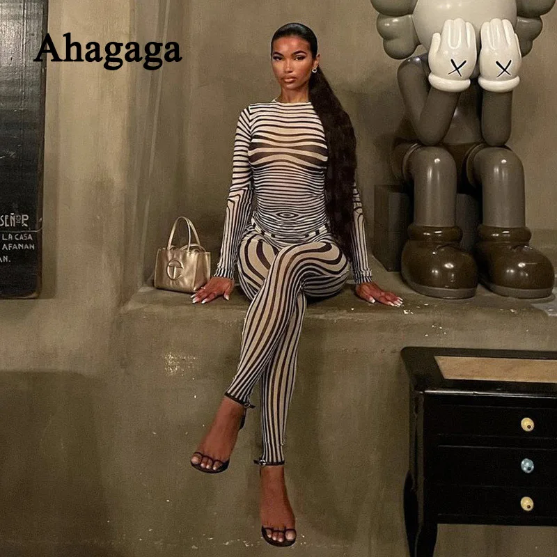 2022 Autumn Mesh Zebra Striped Sets Women 2 Piece Suit T-shirt + Long Pants See-through Sexy Co-ord Set Female Tracksuit Costume