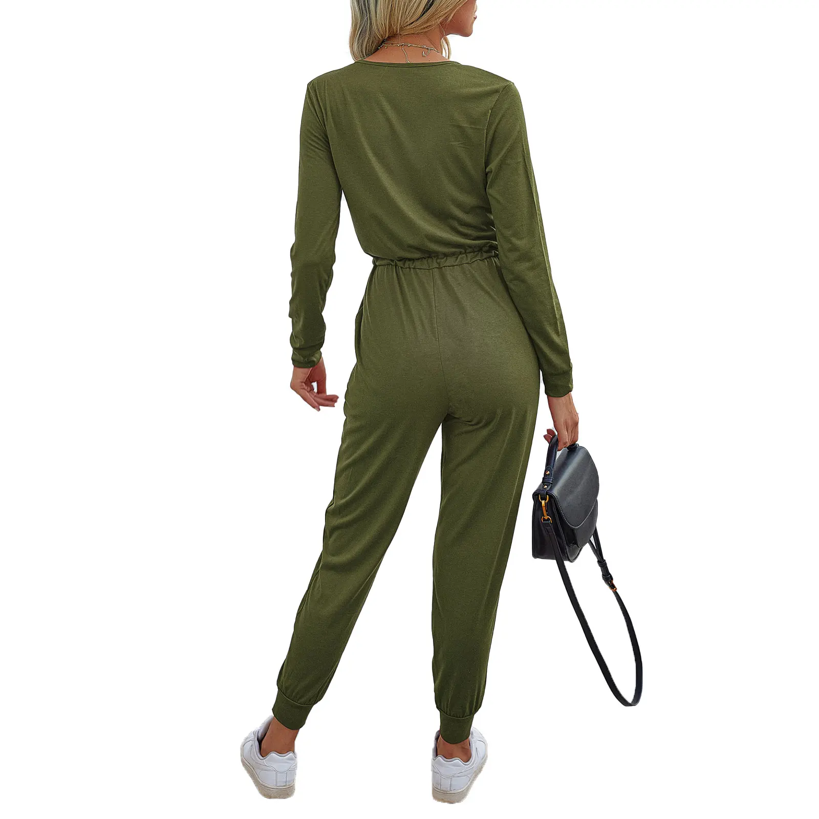 

Casual Women Jumpsuit With Belt Long Sleeve 2020 Autumn New Casual V-neck Solid Women Black Jumpsuits Fashion Female Pants