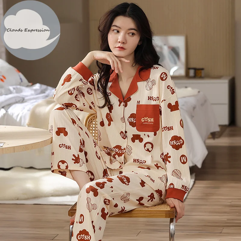 Осенне-зимние брендовые вязаные хлопковые элегантные женские пижамные