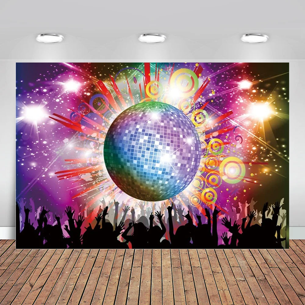 

Disco Ball Backdrops for Photography Shiny Neon Lights Ball Popular Musical Dancer DJ Background Birthday Party 70s 80s Party