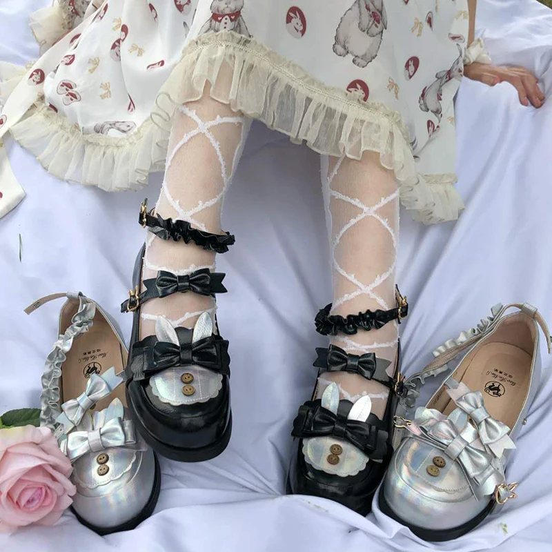 

Anime cosplay japanese lolita shoes sweet round head rabbit ears women's shoes cute lace ruffle bowknot kawaii shoes loli 2020