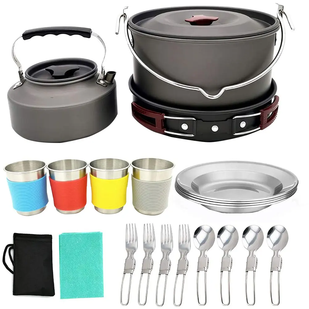 

4-6 People Outdoor Camping Cookware Kit Portable Campfire Cooking Equipment Bowl Pot Pan Gas Stove Backpacking Gear For Hiking