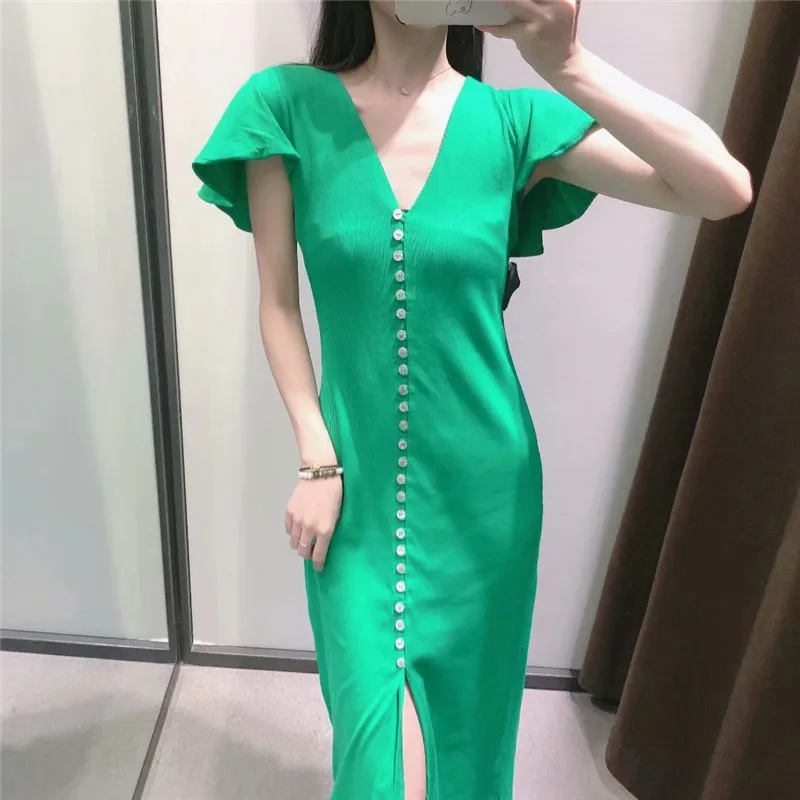 

ZA 2021 Green Knit Ribbed Long Dress Women Short Sleeve Button Up Slit Party Dresses Woman Fashion Summer Knitted Dress
