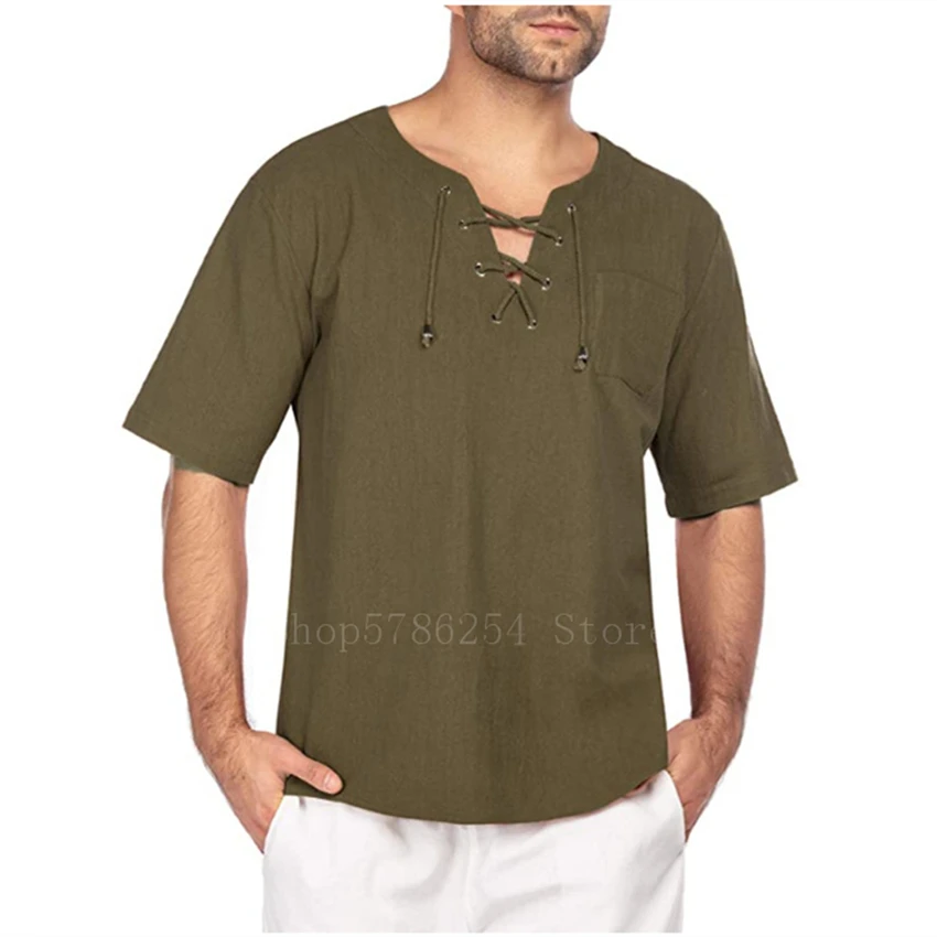 Men Medieval Costume Short Sleeve Cotton Retro Lace up Cardigan T-shirt Viking Pirate Renaissance Cosplay Adult V Neck Top 3XL |