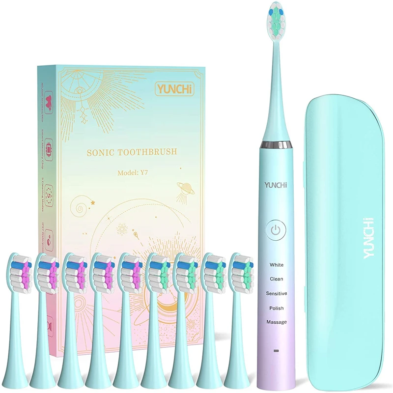 

YUNCHI Sonic Electric Toothbrush 5 Modes USB Rechargeable 2Min Timer IPX7 Soft Bristles Tooth Oral Clean Replacement Brush Heads