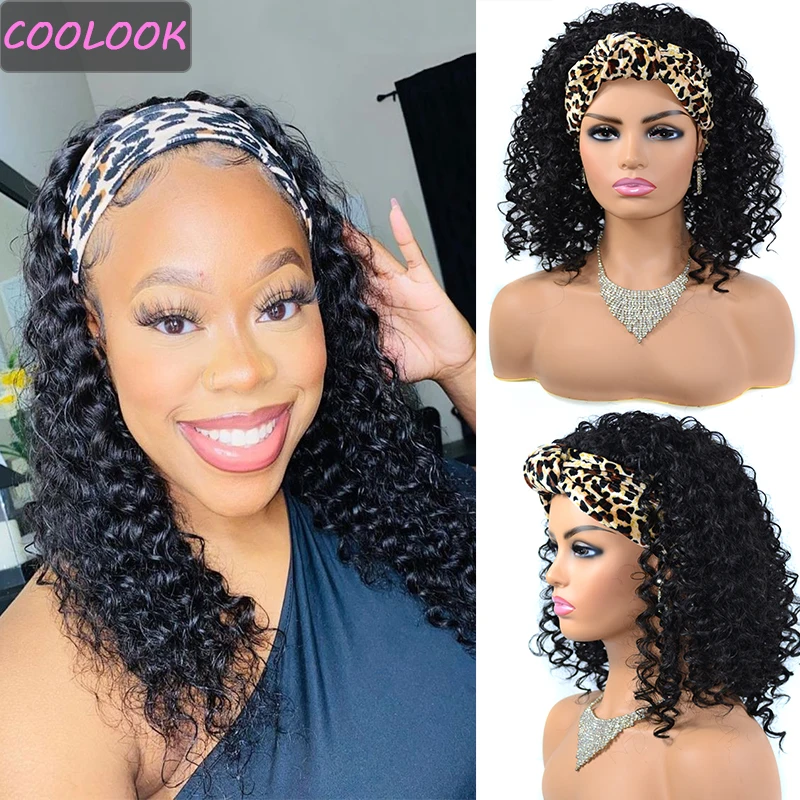 

Deep Curly Headband Wigs for Black Women 22''Afro Kinky Curly Wig with HeadWrap Synthetic Fibre Fake Hair Cosplay Afro Curls Wig