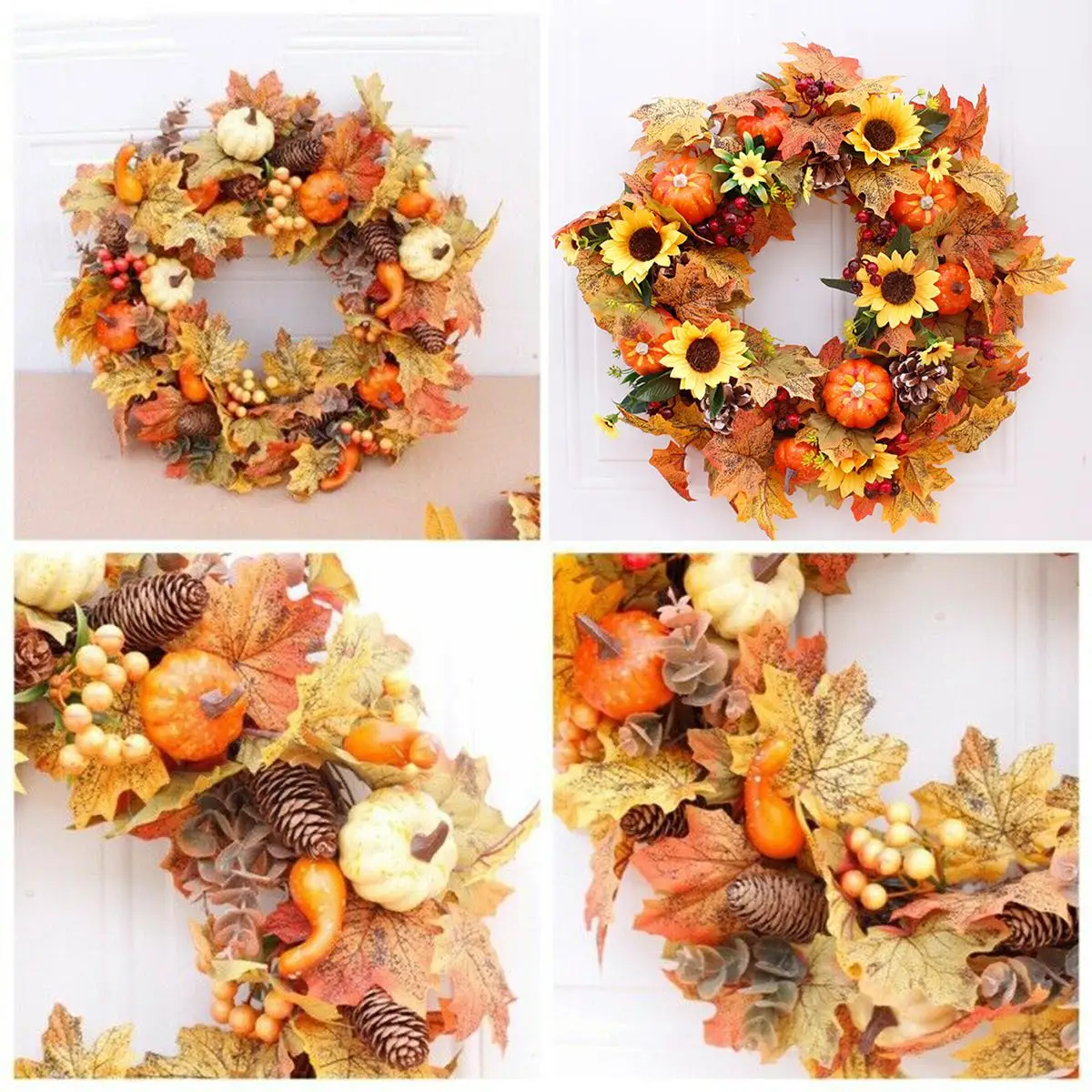 

1*Artificial Wreath Autumn Theme Door Wreath Artificial Pumpkin Berries Pine Cone Maple Manmade Hanging Decor
