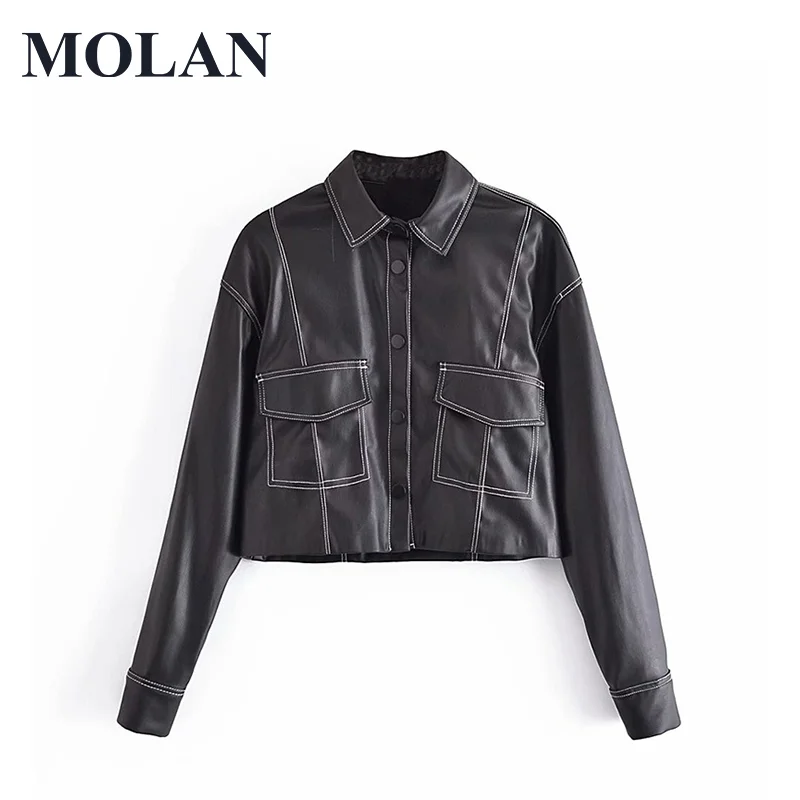 

Женская кожаная куртка MOLAN в стиле пэчворк, новая модная однобортная зимняя куртка с отложным воротником, шикарная кожаная верхняя одежда