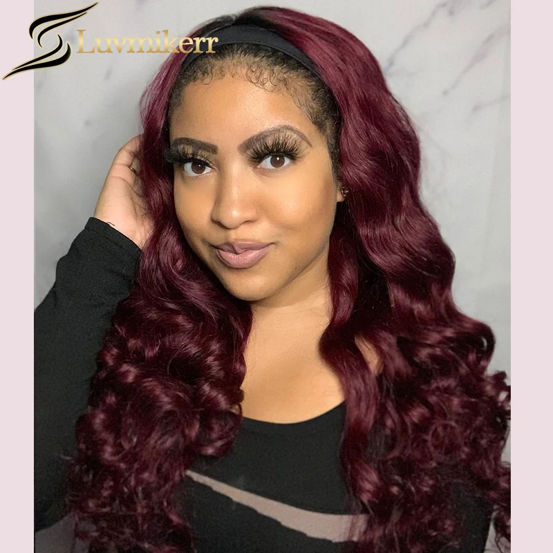 

Ombre 99J Burgundy Headband Band Wig Body Wave Curly Colored Human Hair Half Wig Brazilian Hair Full Machine Wig For Black Women